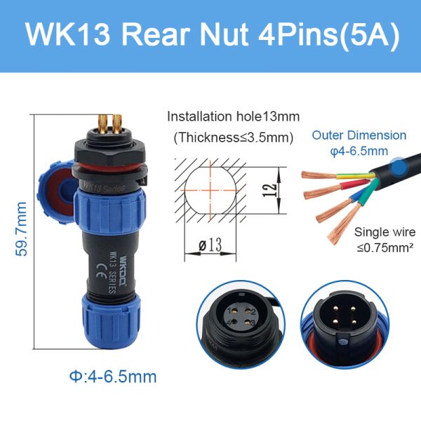 Sp Durable Waterproof Plug Socket Connector IP68 Circular Battery Cable Wk13 Rear Nut Pins