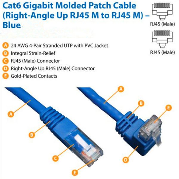 90 Degree RJ45 Angled Cat 6 Network Cable ABS Plug Material For Telecom Communication