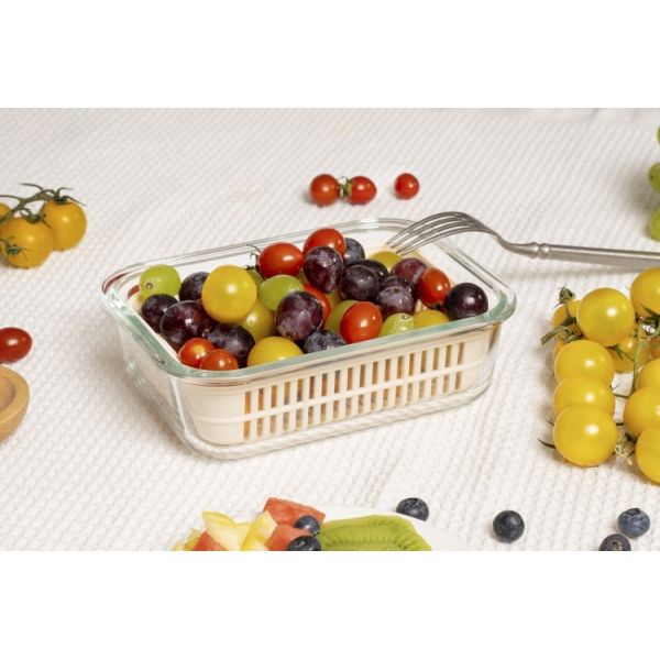 IKOO Stackable Airtight Glass Food Container with 1050ml Capacity and Removable Drain Basket