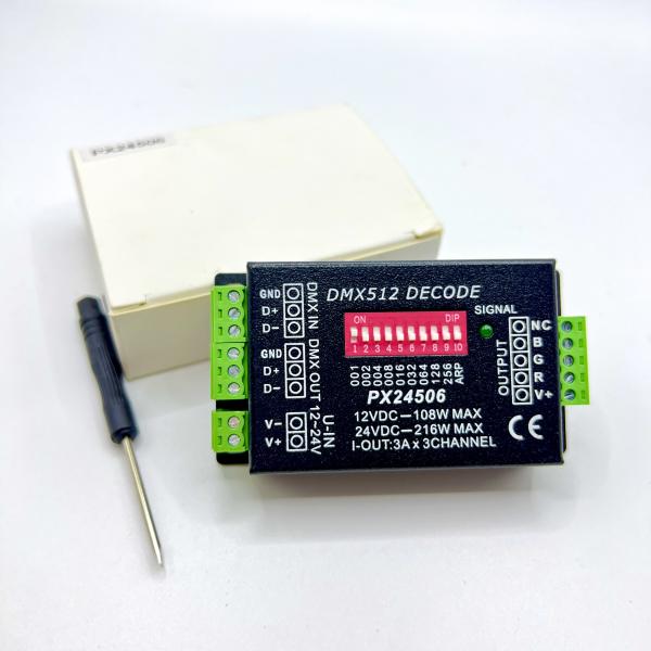 Cheap DC 12V LED DMX Decoder , Px24506 Dmx512 Decoder For RGB Strip Lights for sale