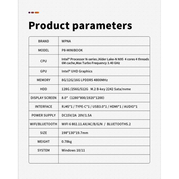 Pocket Notebook Mini Laptop Computer 8 Inch 2 In 1 Intel Core N95 12gb Ddr5 Win 10